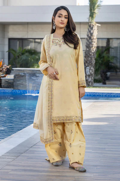 AR-3725 | 3 Piece Light Yellow Allover Jacquard Suit