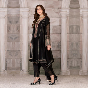 3 Piece Embroidered Black Chiffon Frock - Sherry's wardrobe