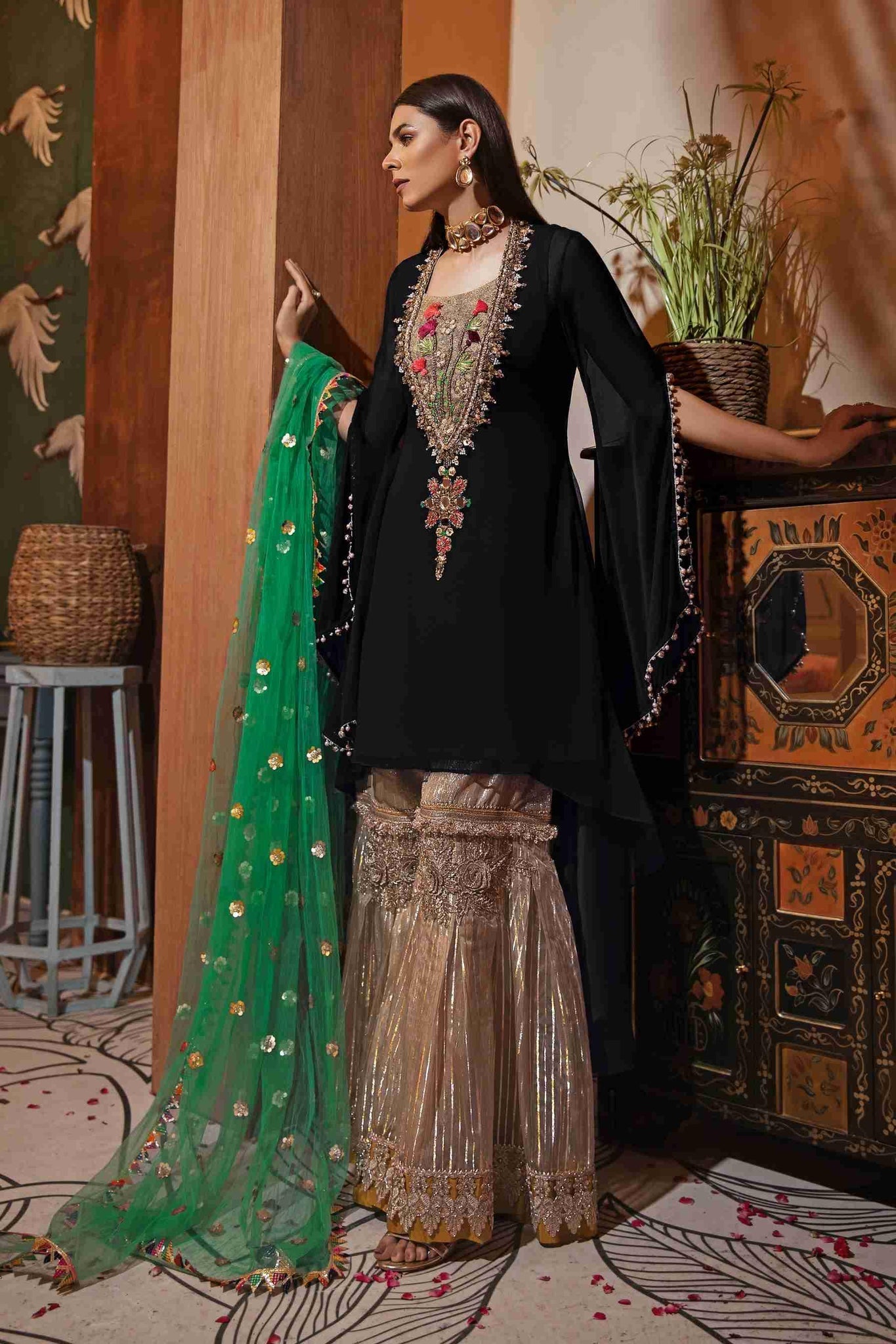 Black Embroidered Shirt (Hand Embroidered Kora, Dabka, and Gotta work) Buy
