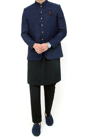 Embroidered Prince Coat - Navy Blue