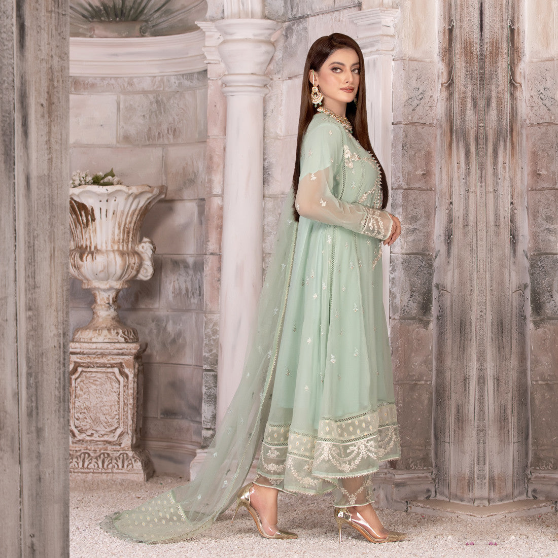 3 Piece Embroidered Flared Chiffon Dress - Sherry's wardrobe