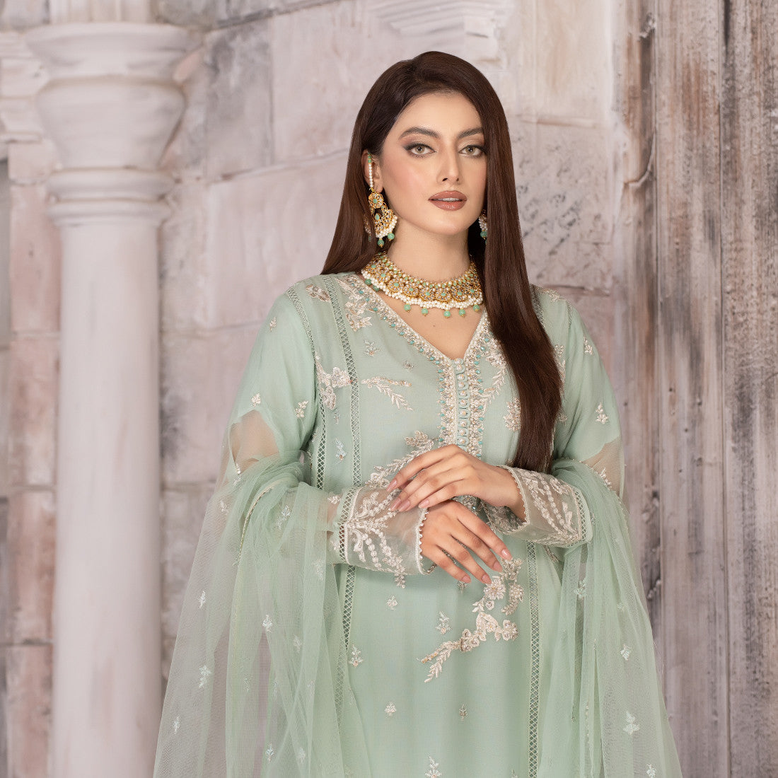 3 Piece Embroidered Flared Chiffon Dress - Sherry's wardrobe
