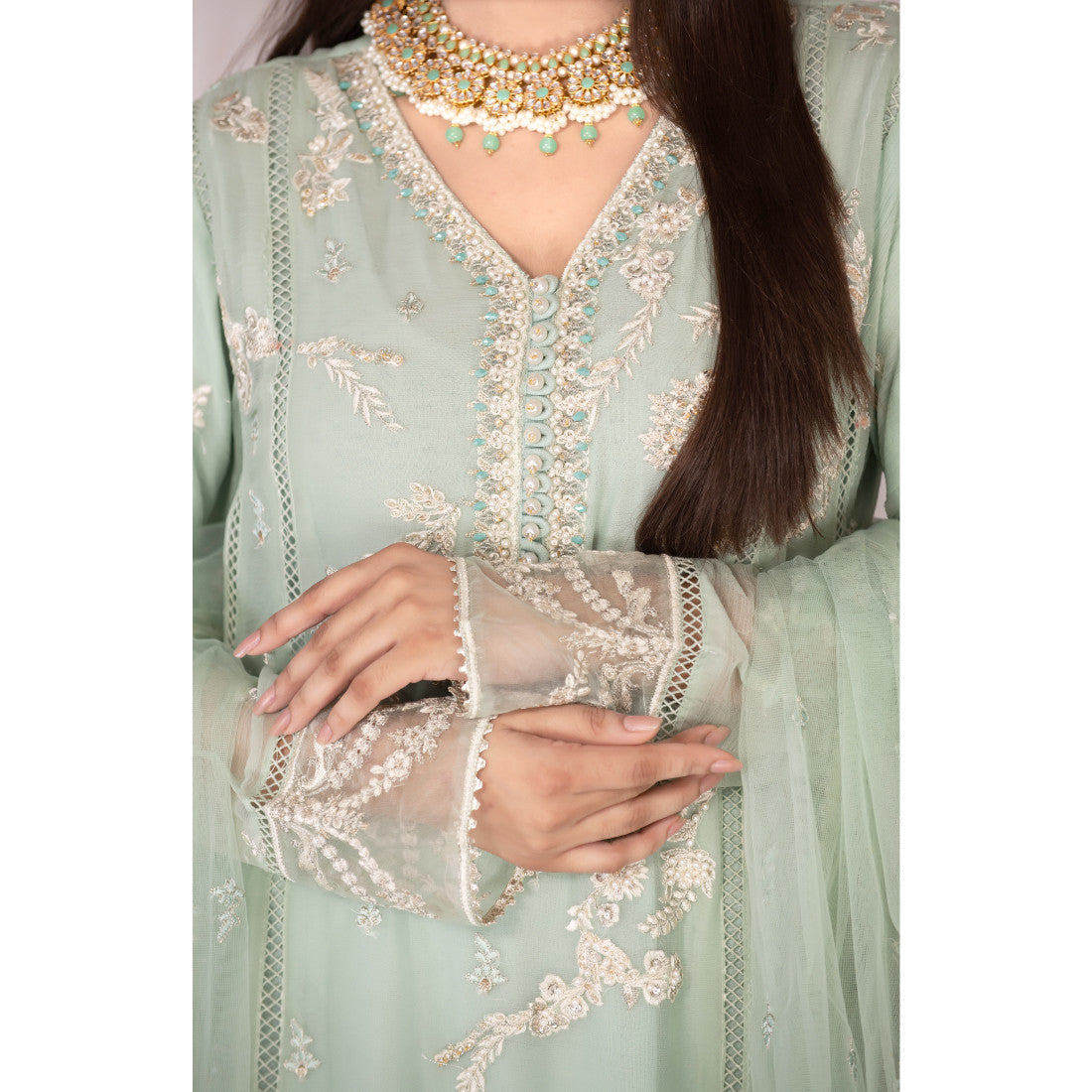 3 Piece Embroidered Flared Chiffon Dress - Sherry's wardrobe