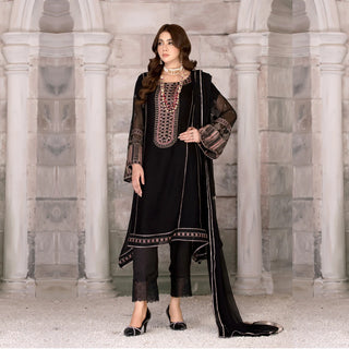 3 Piece Embroidered Black Chiffon Frock - Sherry's wardrobe