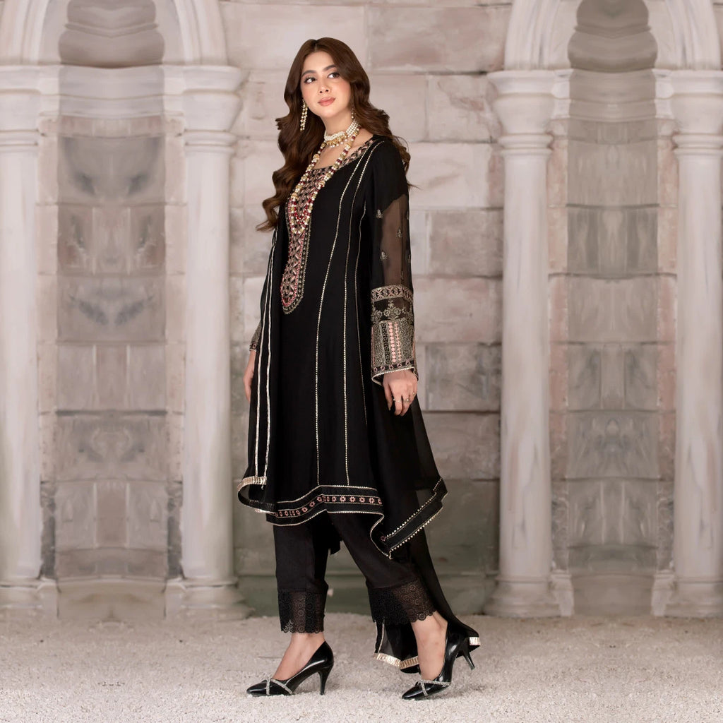 3 Piece Embroidered Black Chiffon Frock - Zahra Rubab – Sherry's wardrobe