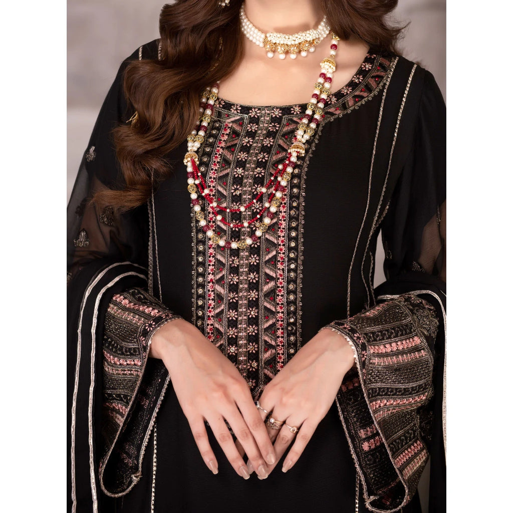 3 Piece Embroidered Black Chiffon Frock - Sherry's wardrobe
