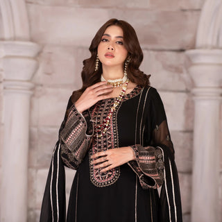 3 Piece Embroidered Black Chiffon Frock
