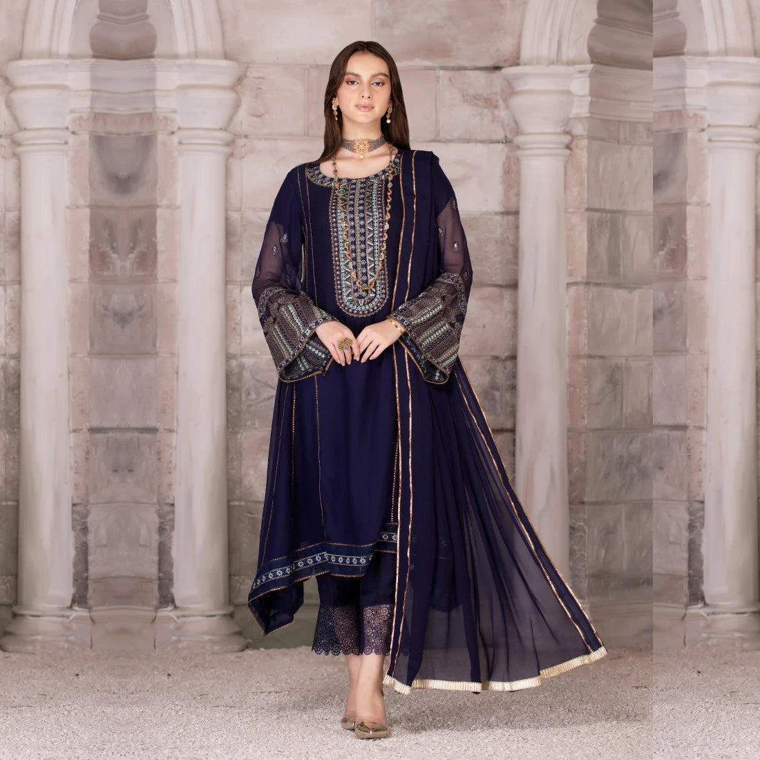 3 Piece Embroidered Chiffon Frock - Sherry's wardrobe