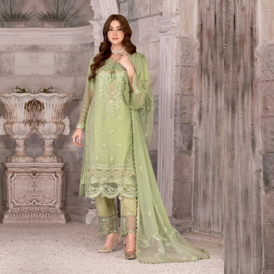 3 Piece Embroidered Pleated Chiffon Suit - Sherry's wardrobe