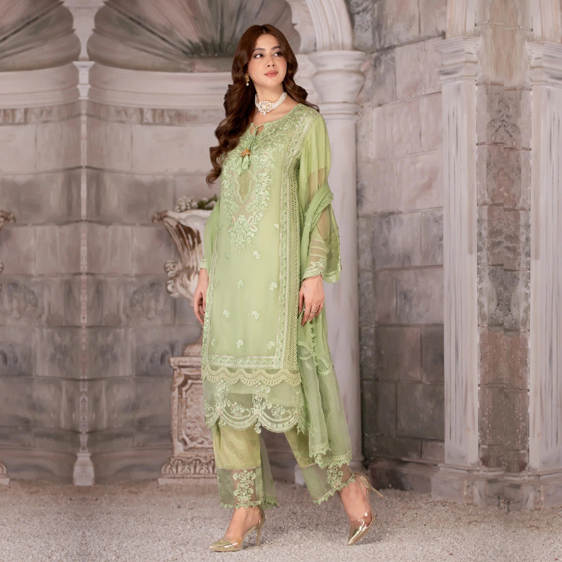 3 Piece Embroidered Pleated Chiffon Suit - Sherry's wardrobe