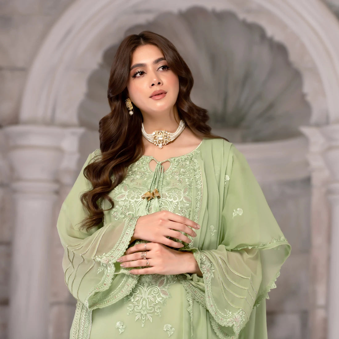 3 Piece Embroidered Pleated Chiffon Suit - Sherry's wardrobe