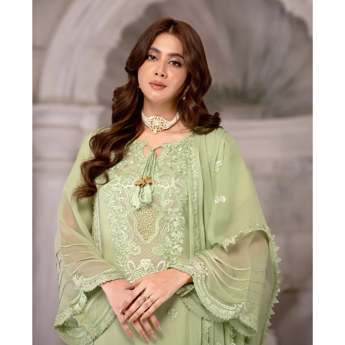 3 Piece Embroidered Pleated Chiffon Suit - Sherry's wardrobe