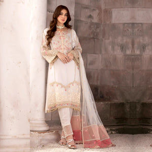3 Piece Embroidered White Chiffon Dress - Sherry's wardrobe