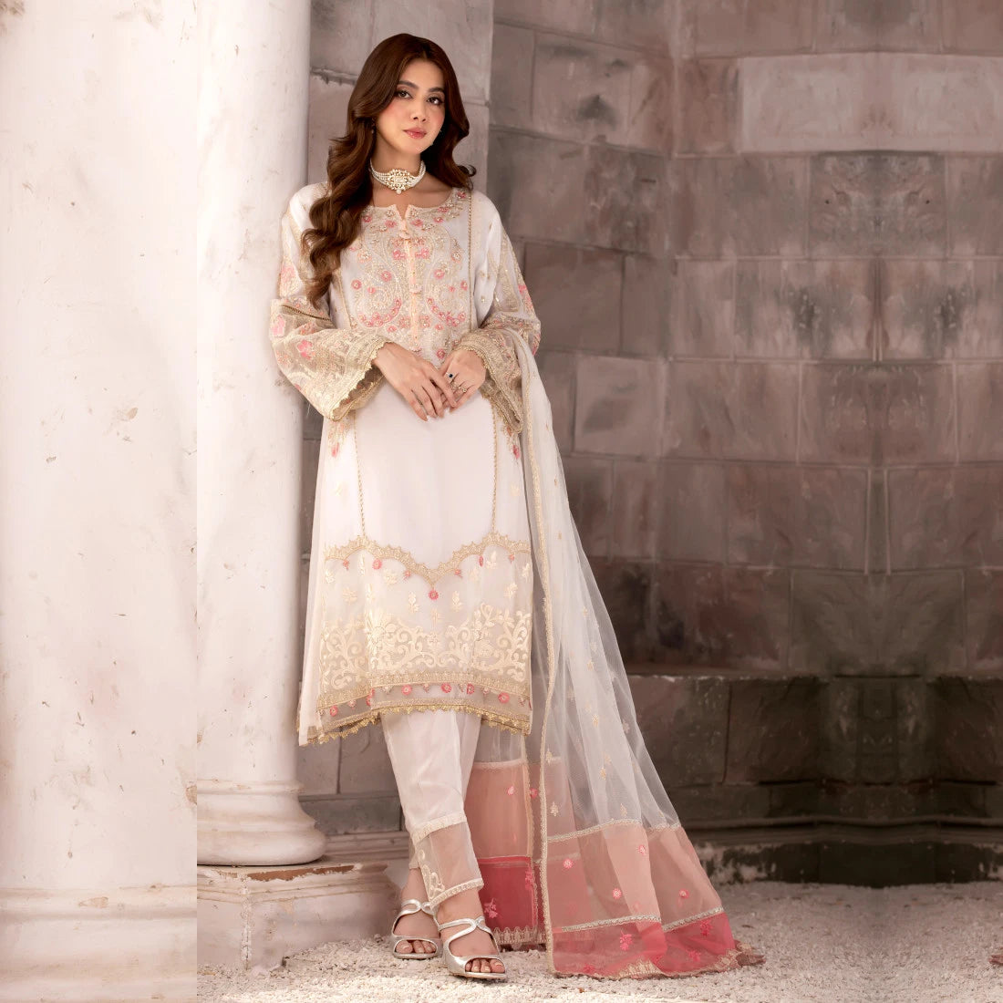 3 Piece Embroidered White Chiffon Dress - Sherry's wardrobe