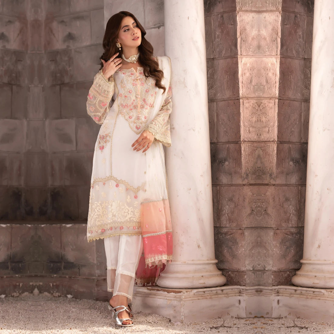 3 Piece Embroidered White Chiffon Dress - Sherry's wardrobe