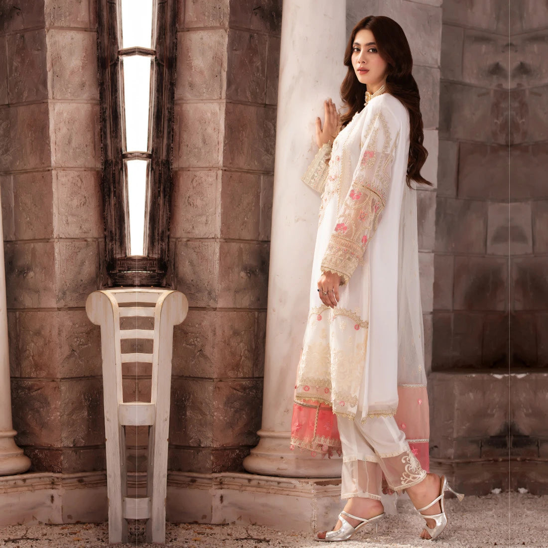 3 Piece Embroidered White Chiffon Dress - Sherry's wardrobe
