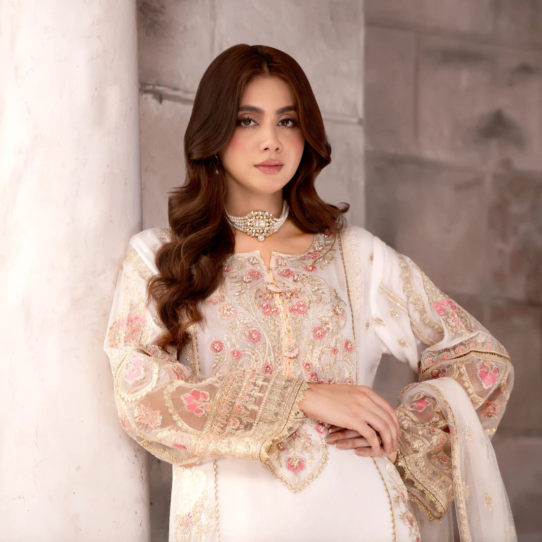 3 Piece Embroidered White Chiffon Dress - Sherry's wardrobe