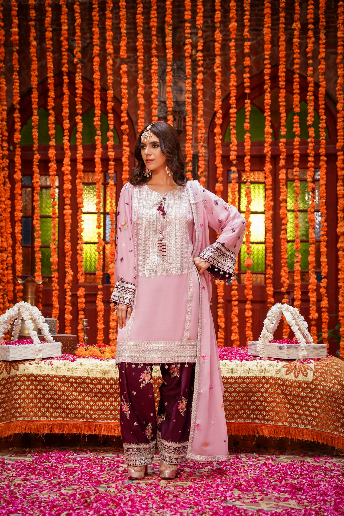 Pastel Pink & Maroon Raw Silk Formal Embroidered Suit