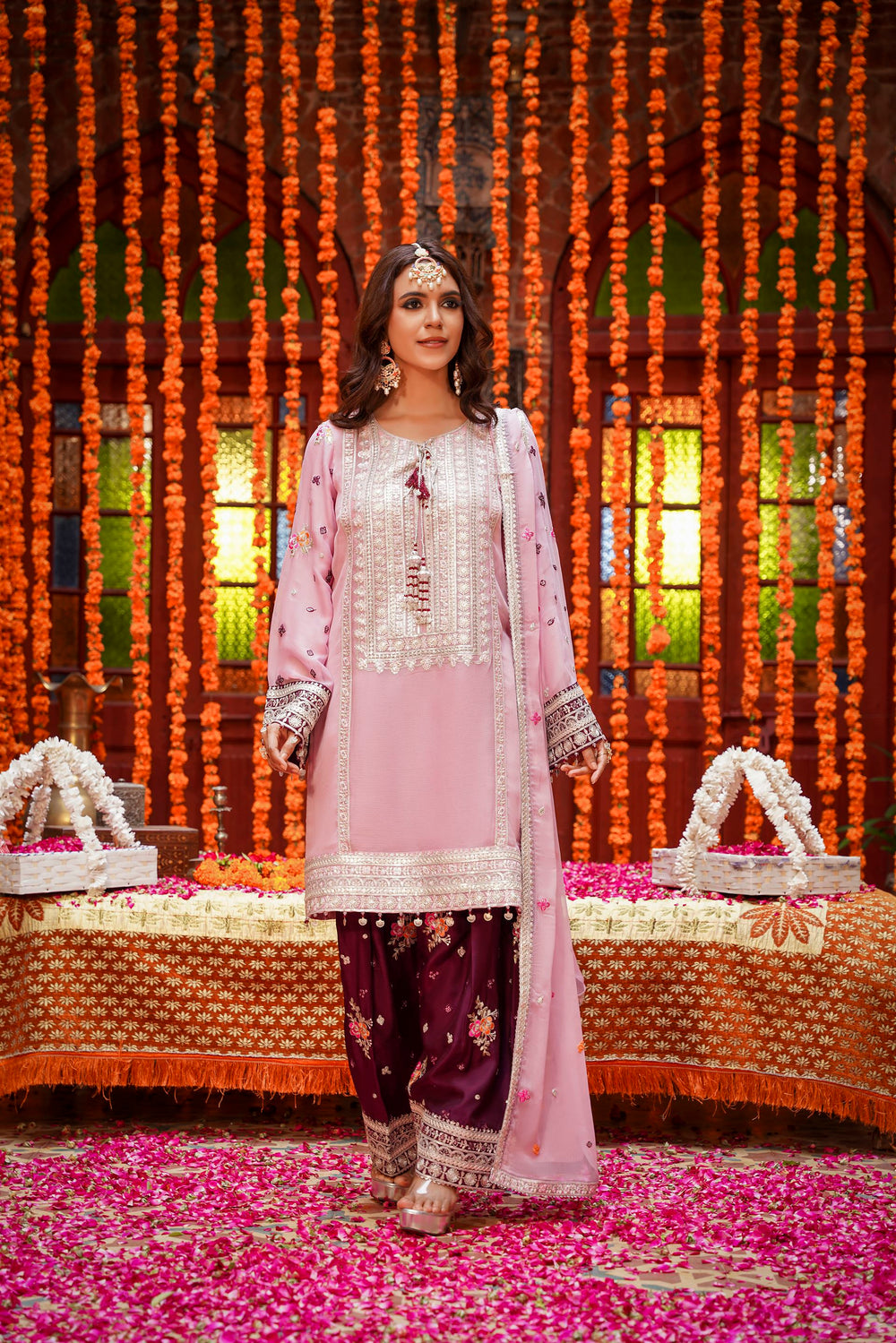 Pastel Pink & Maroon Raw Silk Formal Embroidered Suit