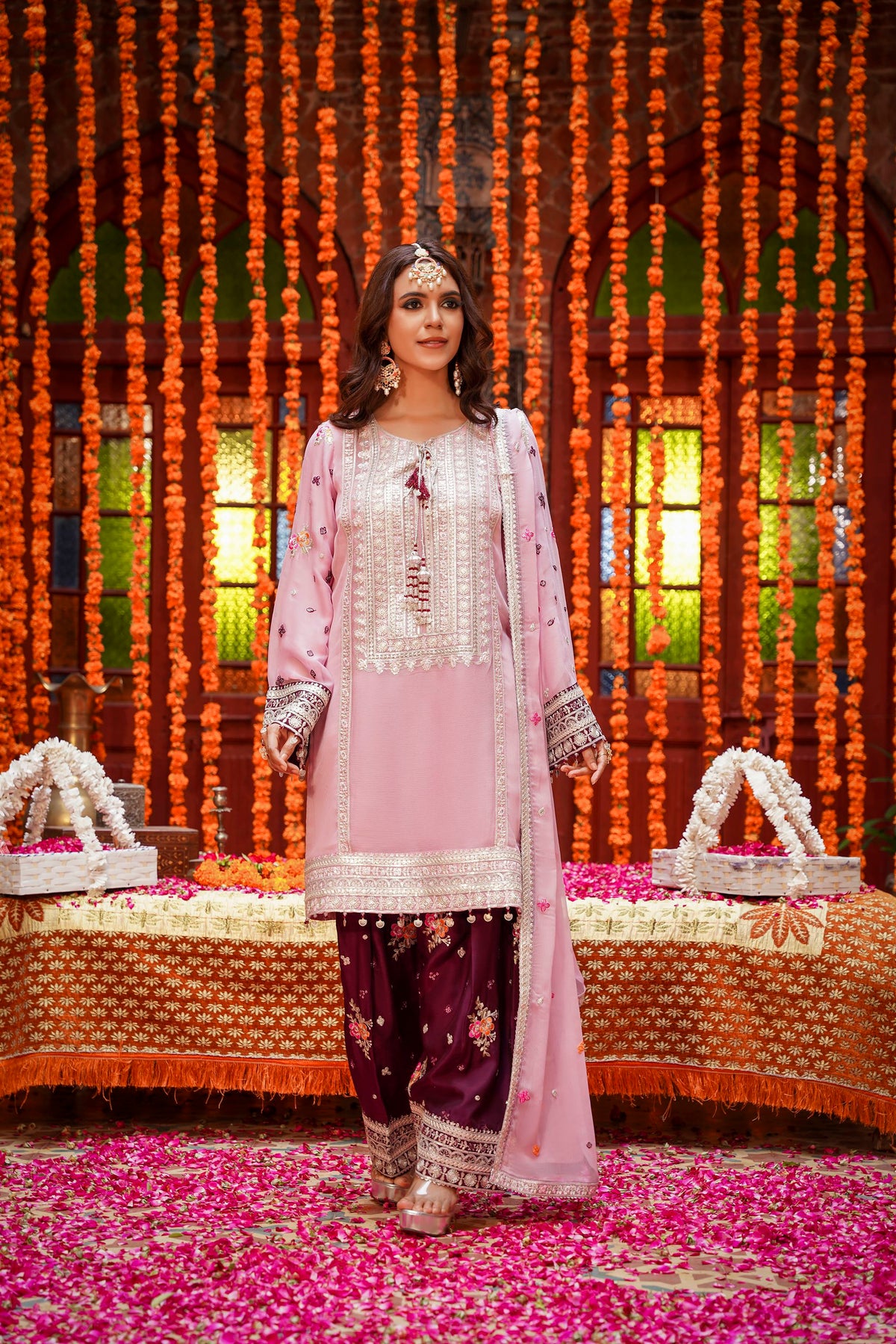 Pastel Pink & Maroon Raw Silk Formal Embroidered Suit