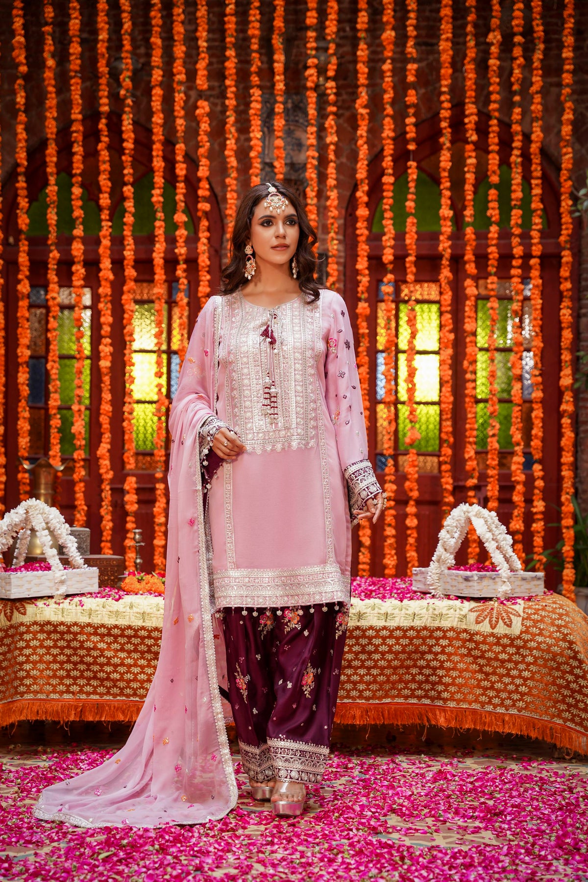 Pastel Pink & Maroon Raw Silk Formal Embroidered Suit