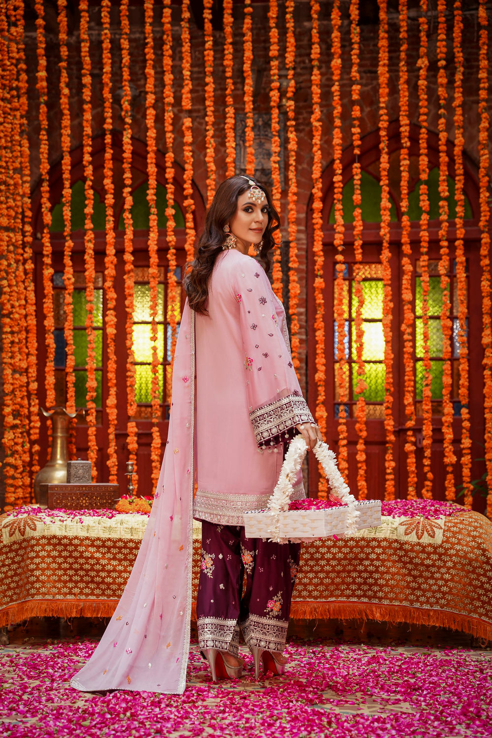 Pastel Pink & Maroon Raw Silk Formal Embroidered Suit