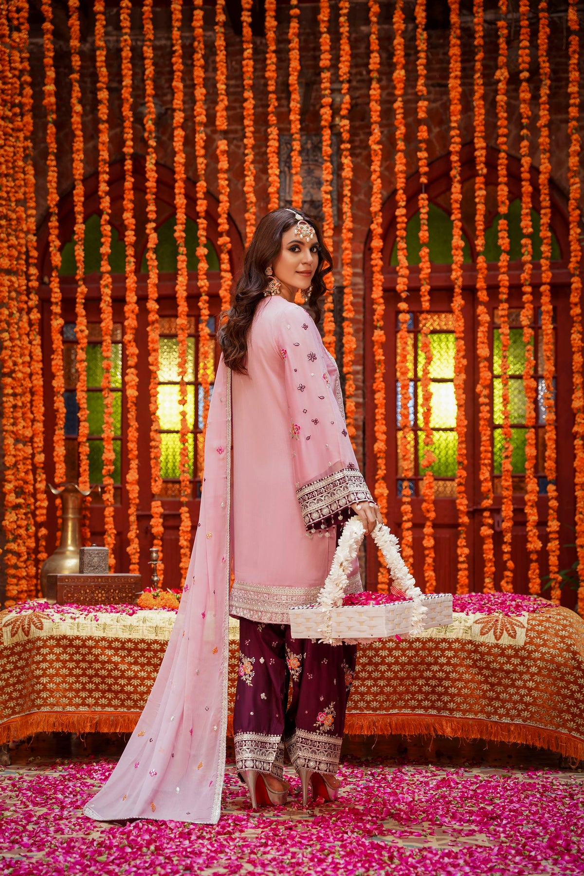 Pastel Pink & Maroon Raw Silk Formal Embroidered Suit