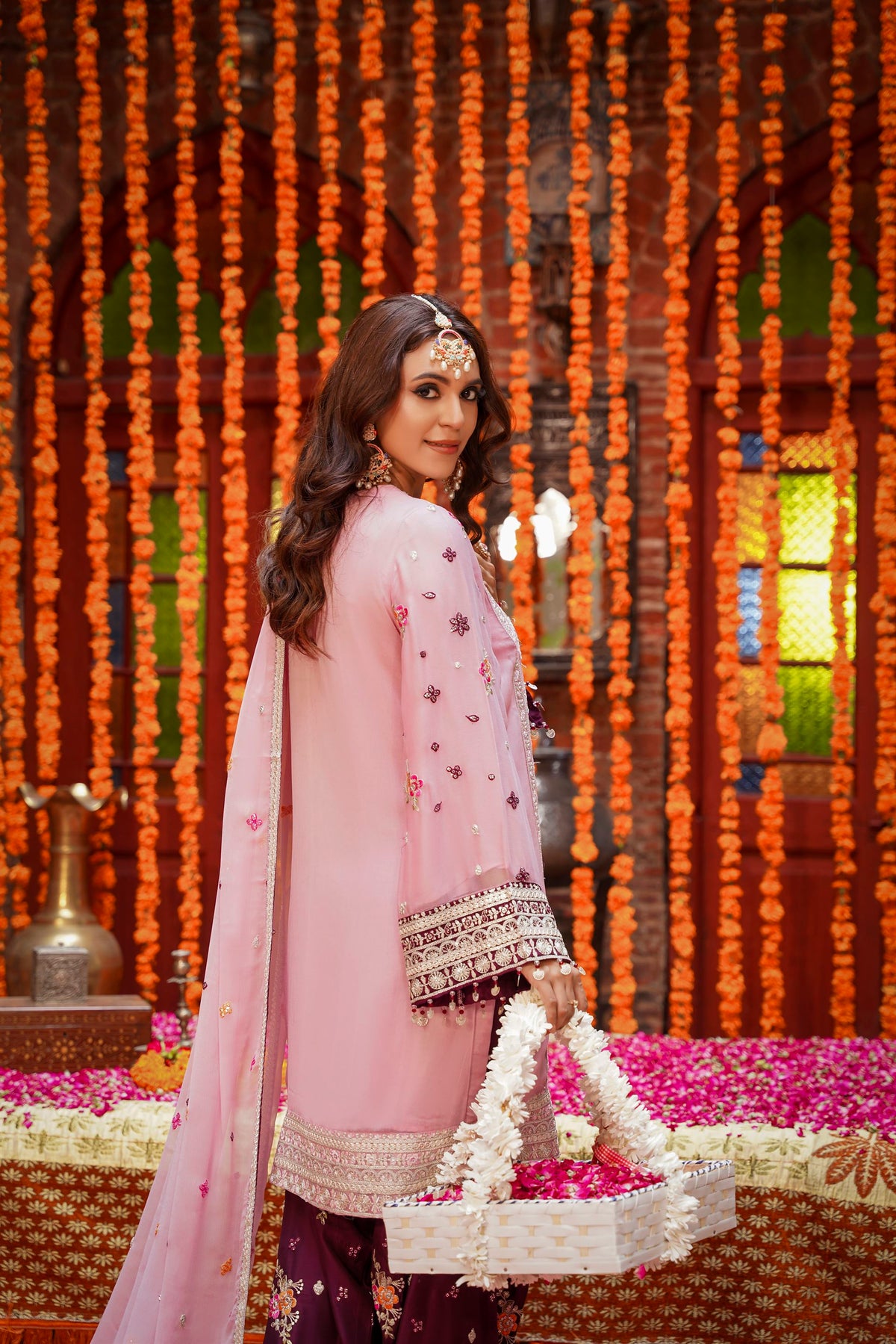 Pastel Pink & Maroon Raw Silk Formal Embroidered Suit