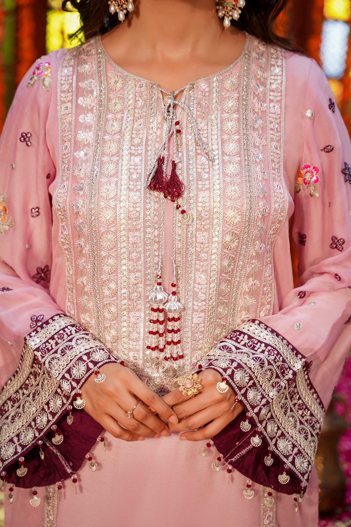 Pastel Pink & Maroon Raw Silk Formal Embroidered Suit
