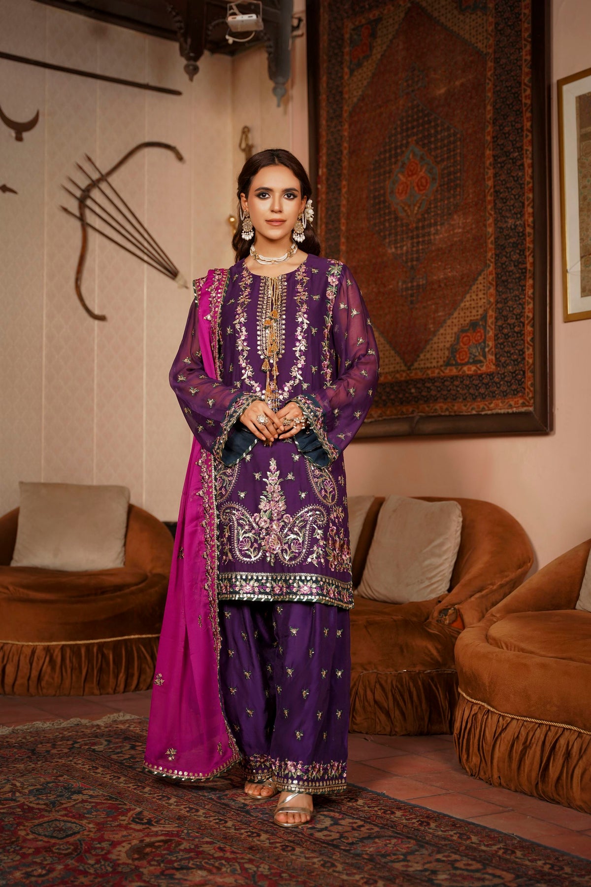 Deep Purple & Magenta Raw Silk Formal Embroidered Suit