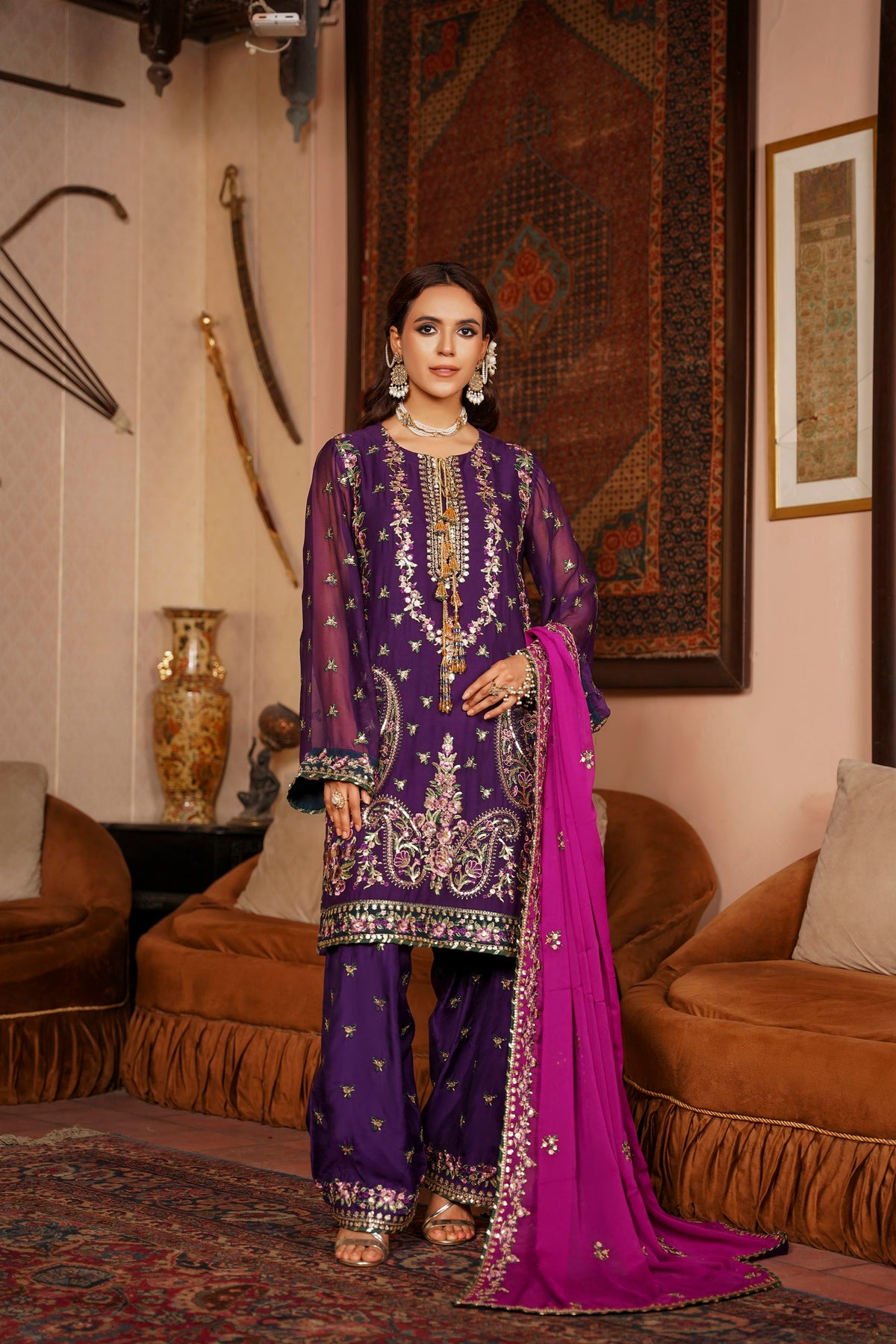 Deep Purple & Magenta Raw Silk Formal Embroidered Suit