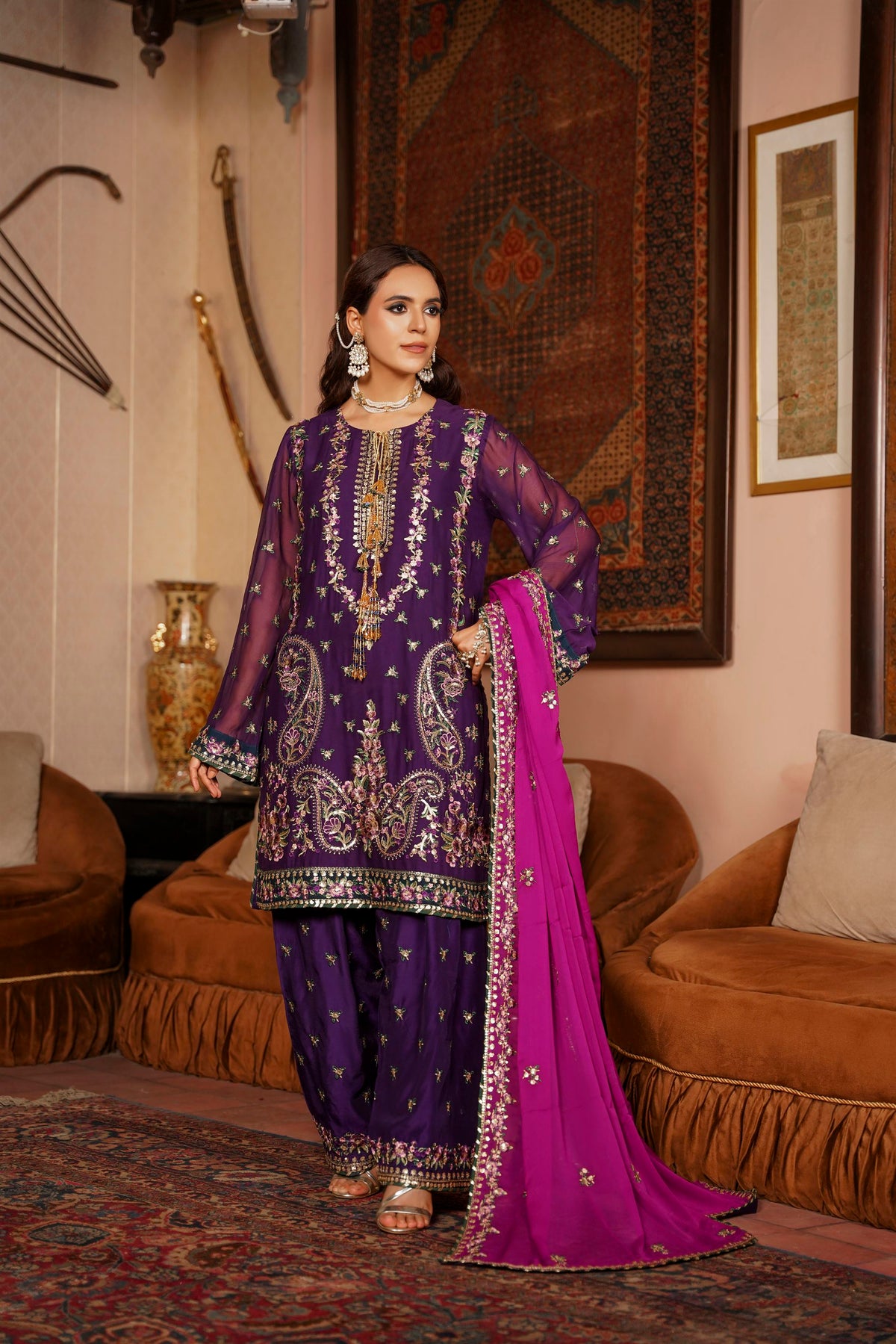 Deep Purple & Magenta Raw Silk Formal Embroidered Suit