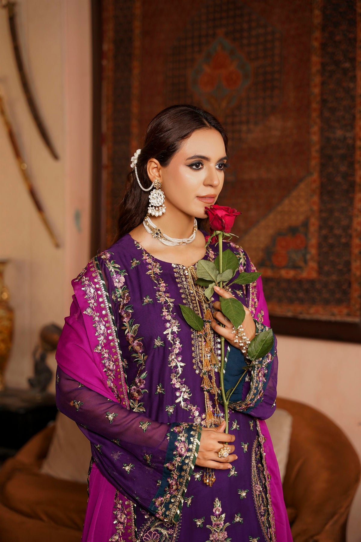 Deep Purple & Magenta Raw Silk Formal Embroidered Suit