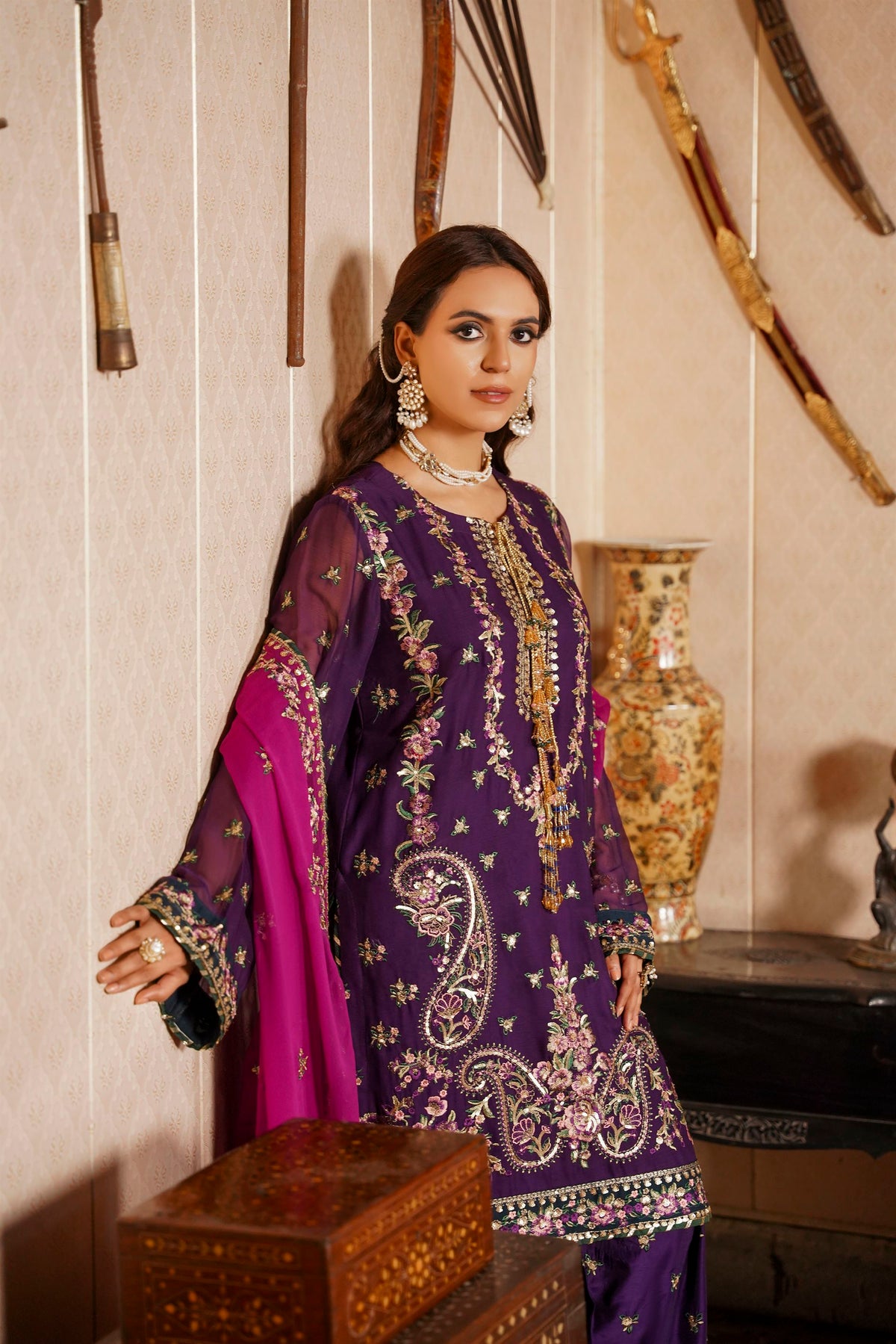 Deep Purple & Magenta Raw Silk Formal Embroidered Suit