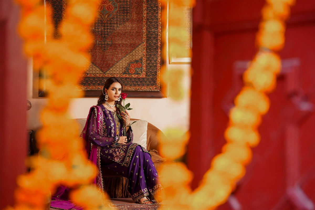 Deep Purple & Magenta Raw Silk Formal Embroidered Suit