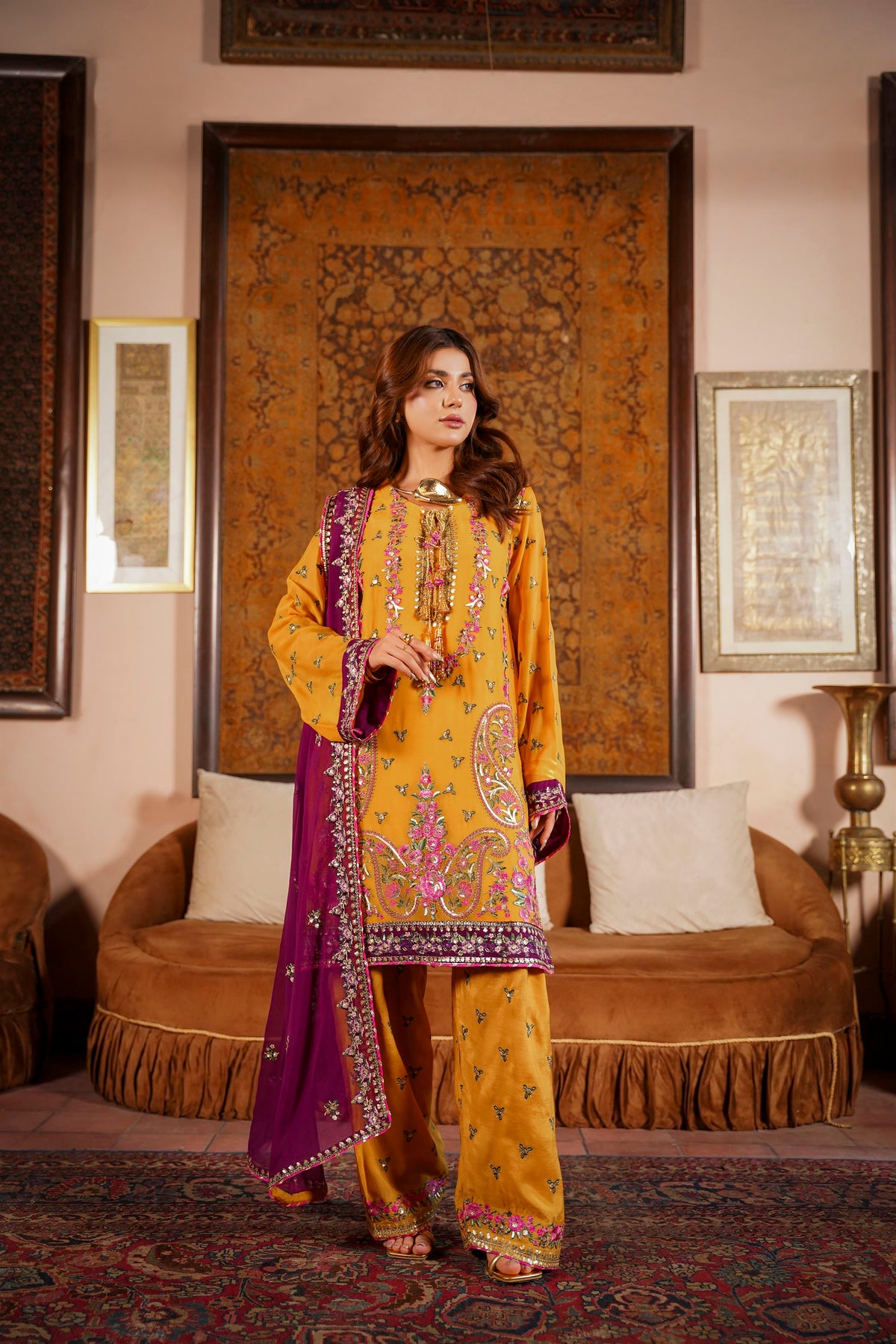 Mustard & Purple Raw Silk Formal Embroidered Suit