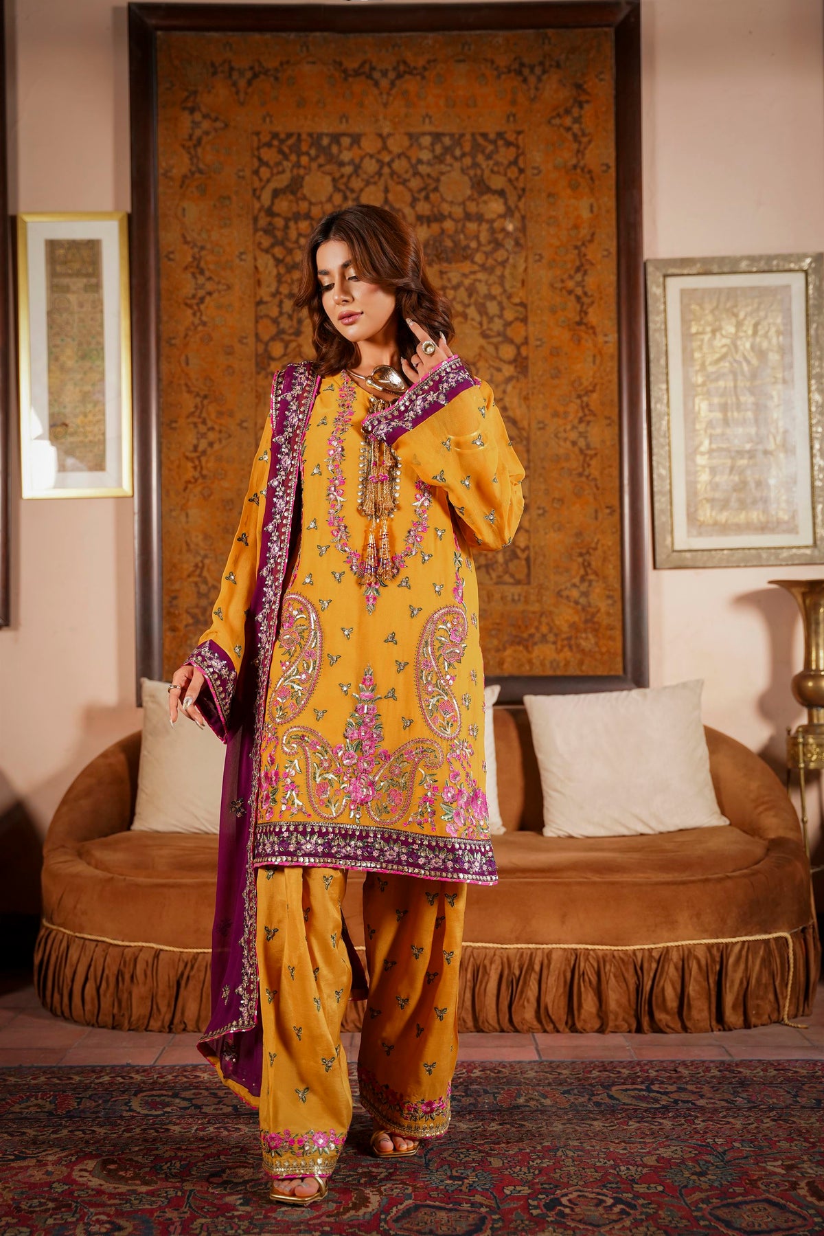 Mustard & Purple Raw Silk Formal Embroidered Suit