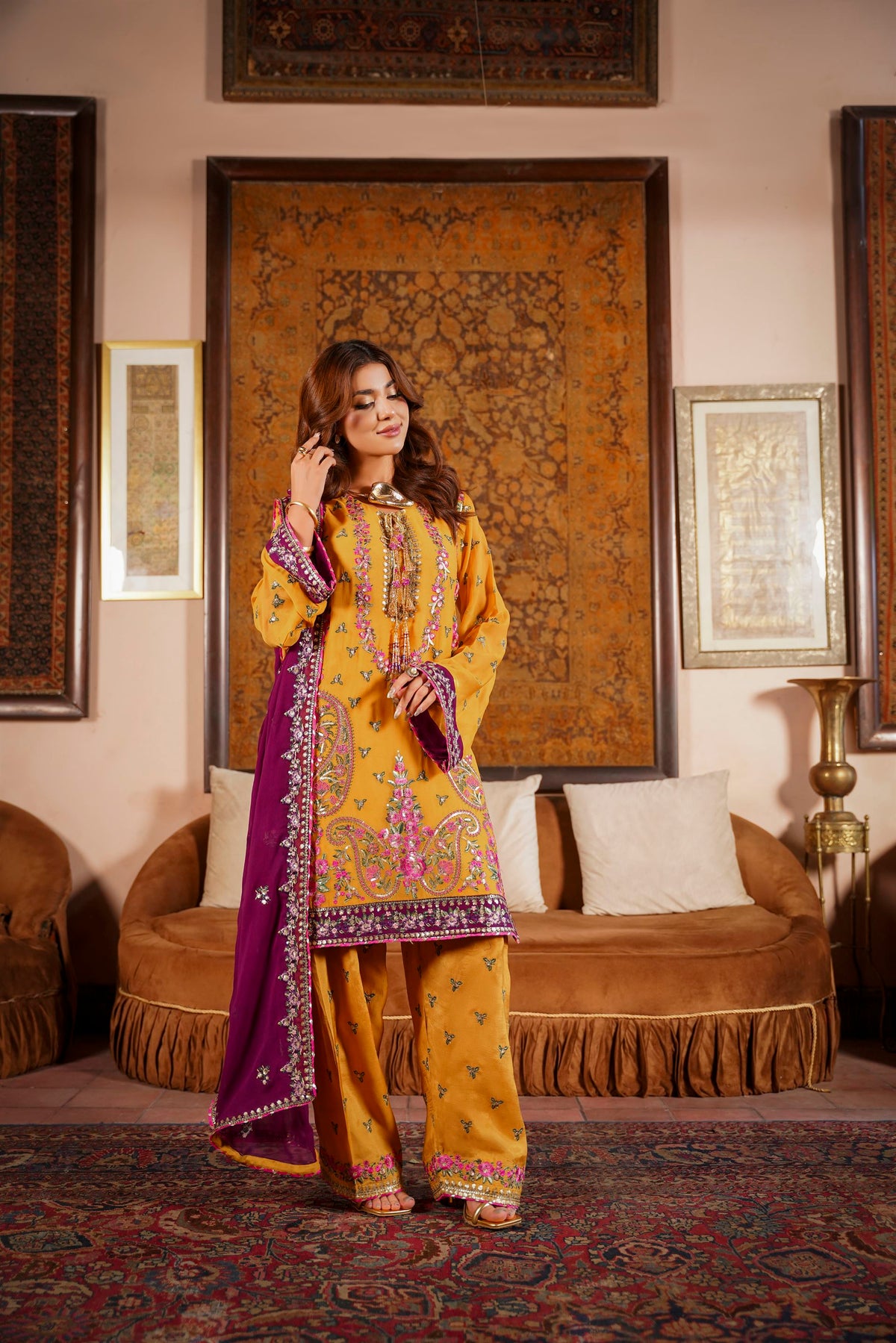 Mustard & Purple Raw Silk Formal Embroidered Suit