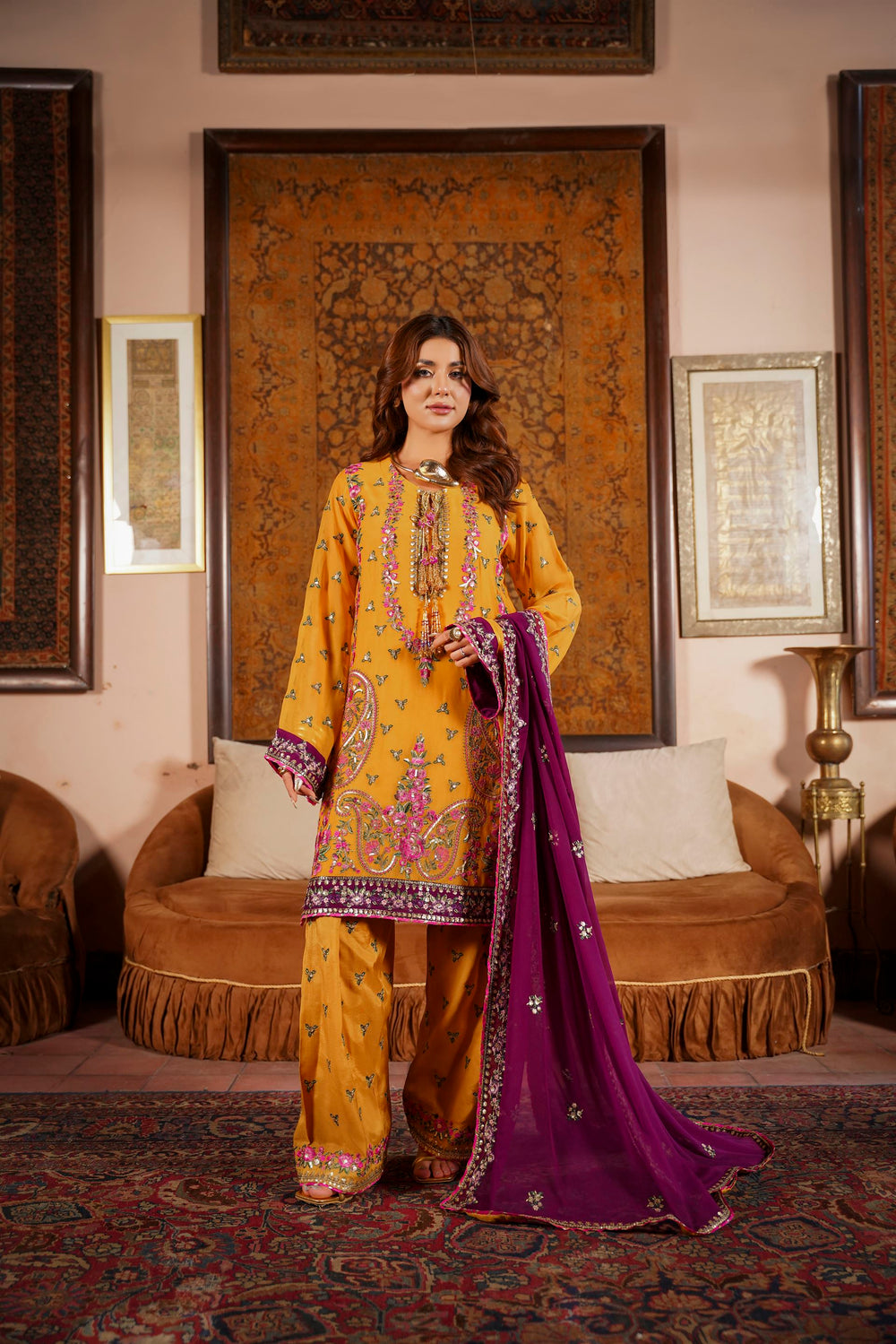 Mustard & Purple Raw Silk Formal Embroidered Suit