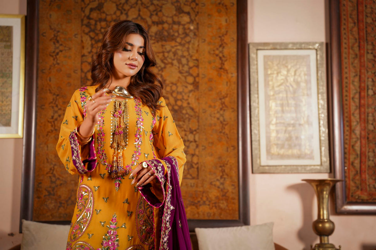 Mustard & Purple Raw Silk Formal Embroidered Suit