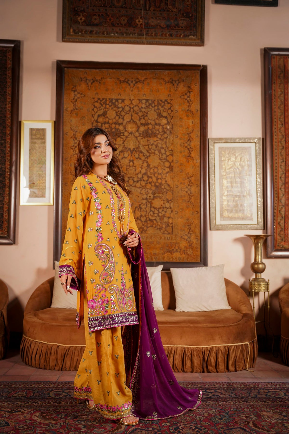 Mustard & Purple Raw Silk Formal Embroidered Suit