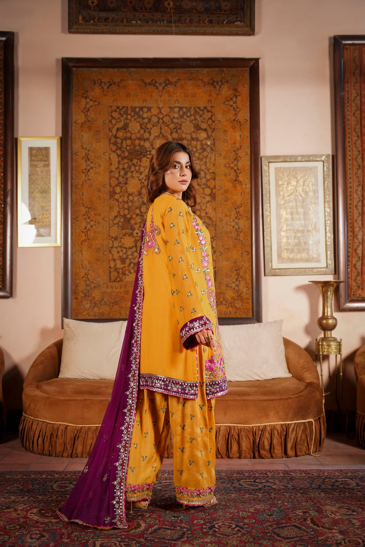 Mustard & Purple Raw Silk Formal Embroidered Suit
