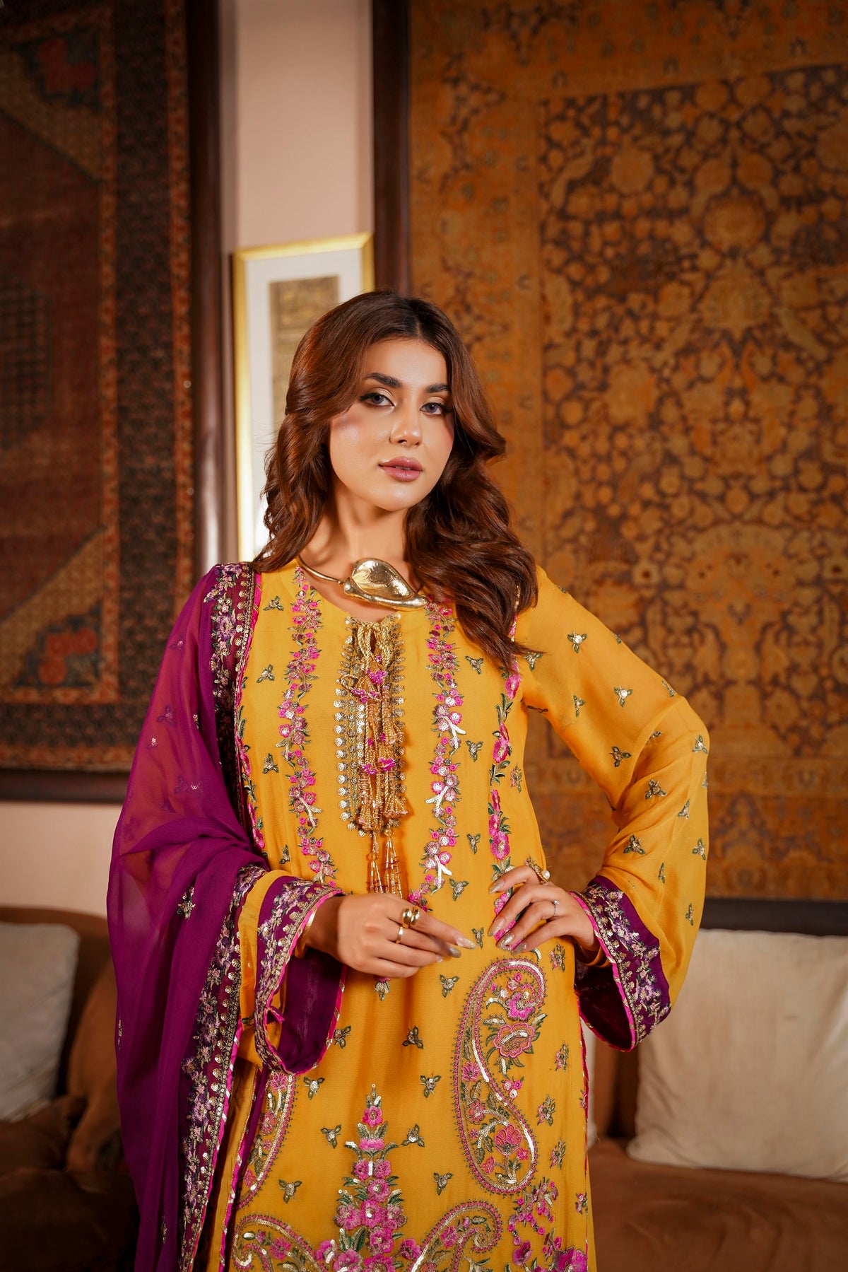 Mustard & Purple Raw Silk Formal Embroidered Suit
