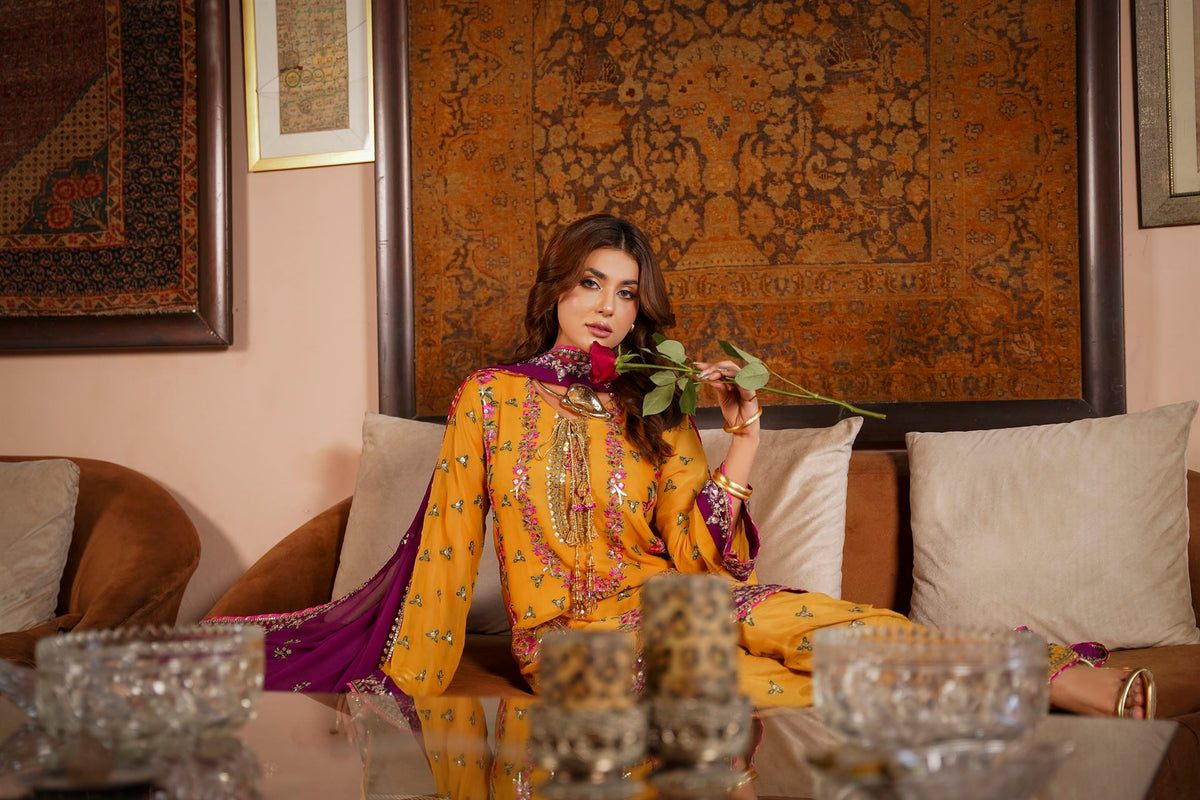 Mustard & Purple Raw Silk Formal Embroidered Suit