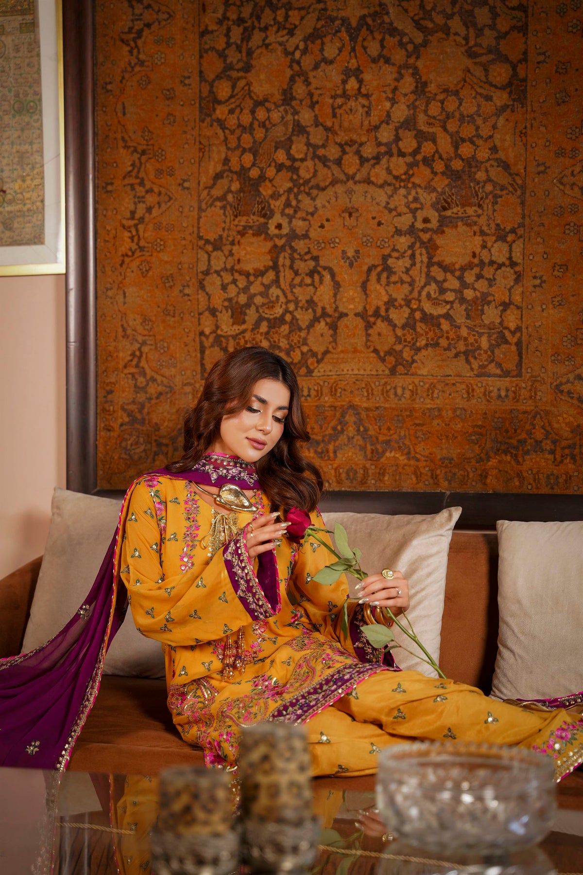 Mustard & Purple Raw Silk Formal Embroidered Suit
