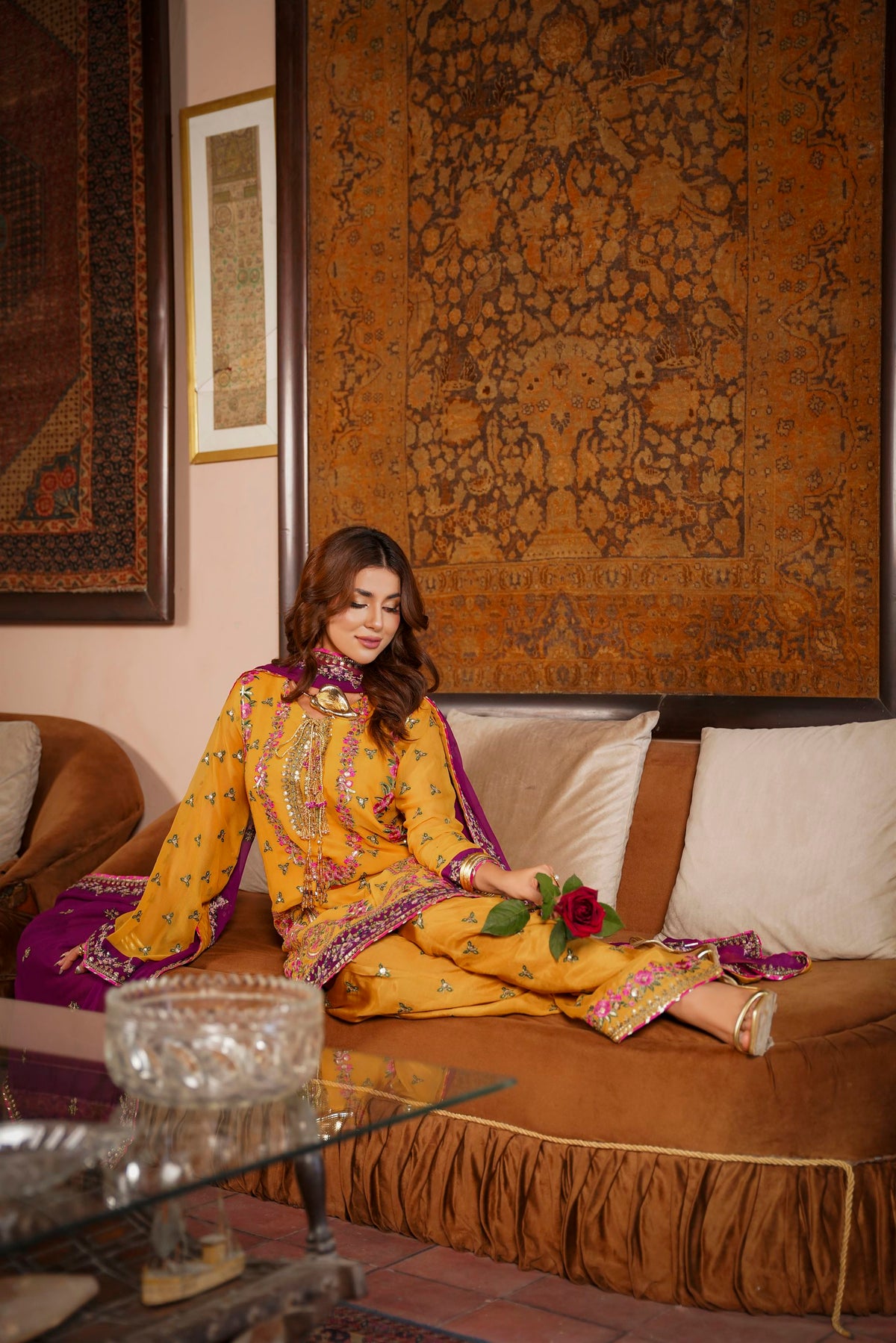 Mustard & Purple Raw Silk Formal Embroidered Suit