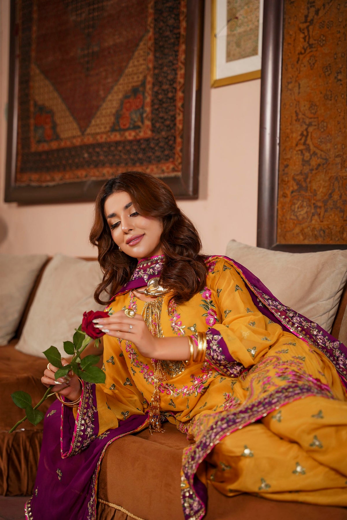 Mustard & Purple Raw Silk Formal Embroidered Suit