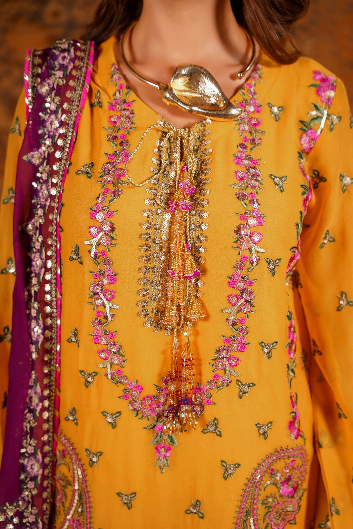 Mustard & Purple Raw Silk Formal Embroidered Suit