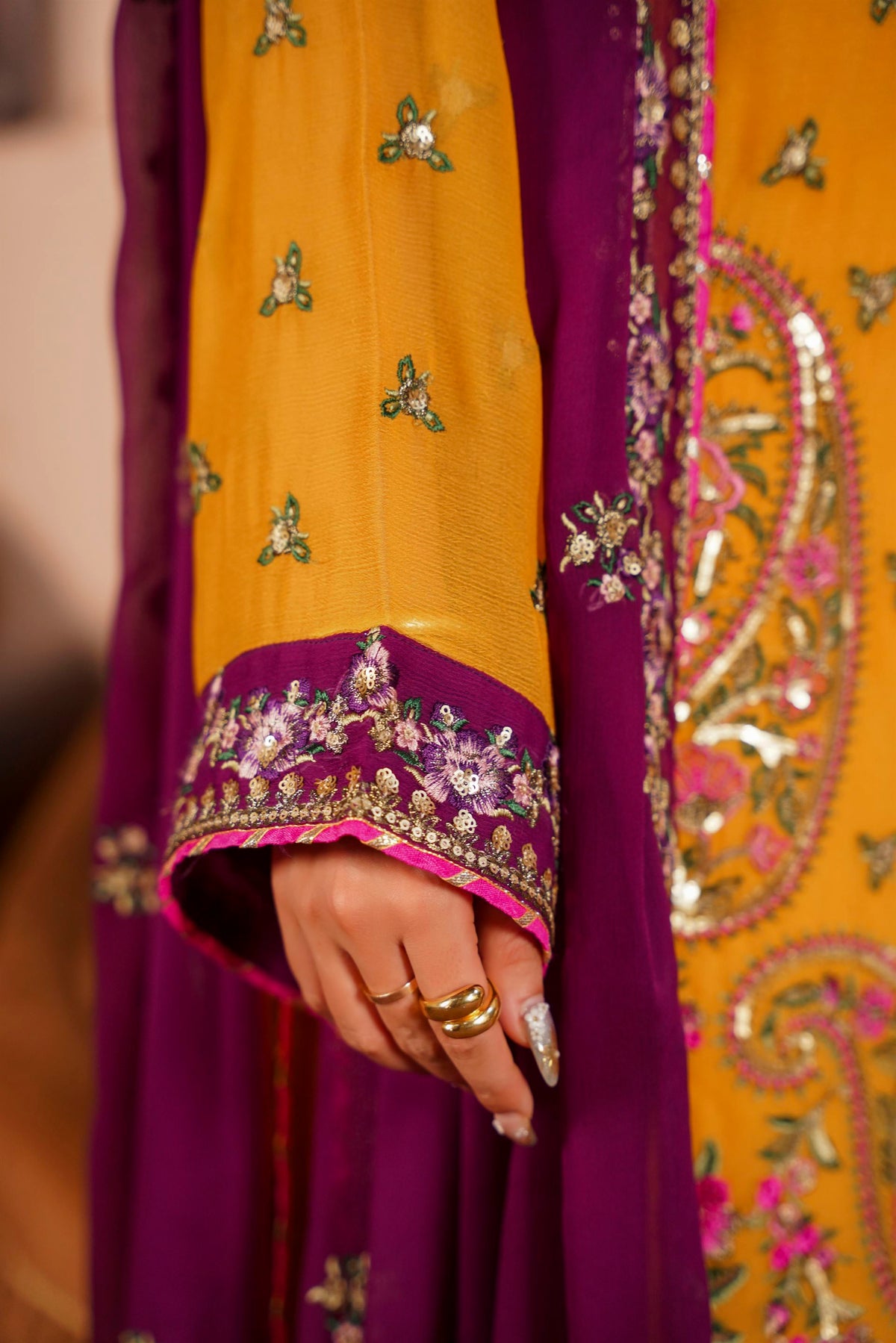 Mustard & Purple Raw Silk Formal Embroidered Suit