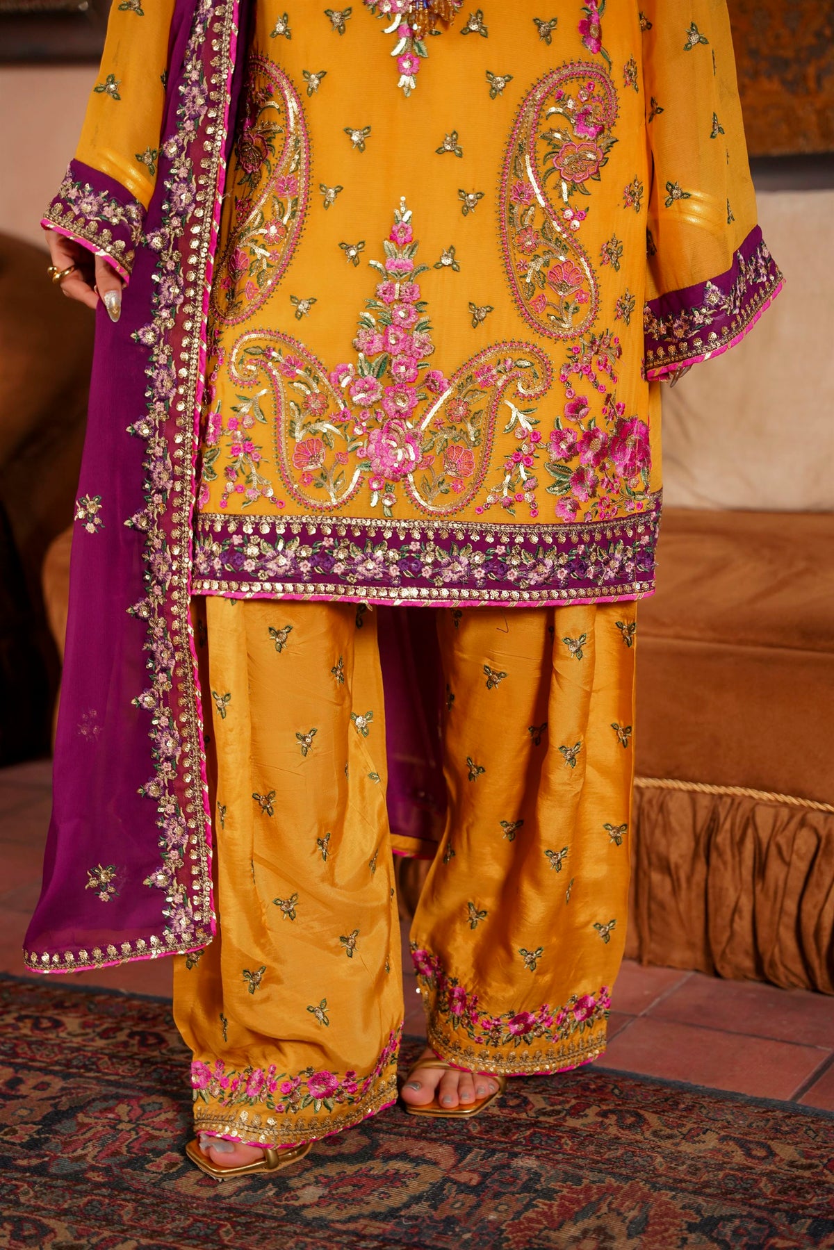 Mustard & Purple Raw Silk Formal Embroidered Suit